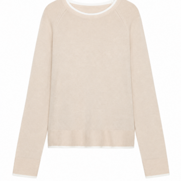 Light Beige Crew Neck Raglan Knit Sweater with White Trim