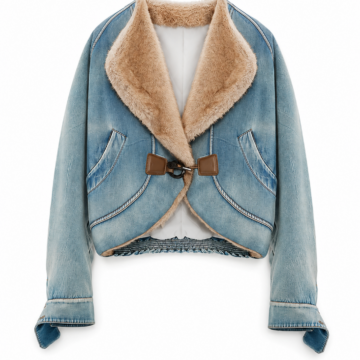 Light-Wash Cropped Denim Jacket with Faux-Fur Lining and Toggle Closure
