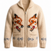 Beige Fox Intarsia Knit Zip-Up Cardigan Sweater