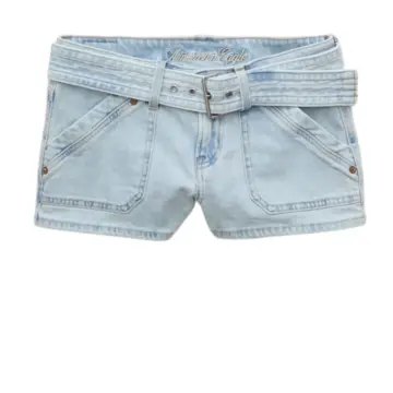 Light Blue Denim Fitted Shorts with Self-Tie Belt