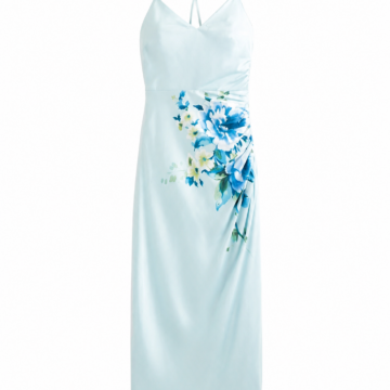 Light Blue Floral Print Midi Slip Dress with Spaghetti Straps