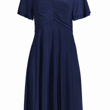 Navy Blue Flutter Sleeve Midi Dress with Ruched Bodice