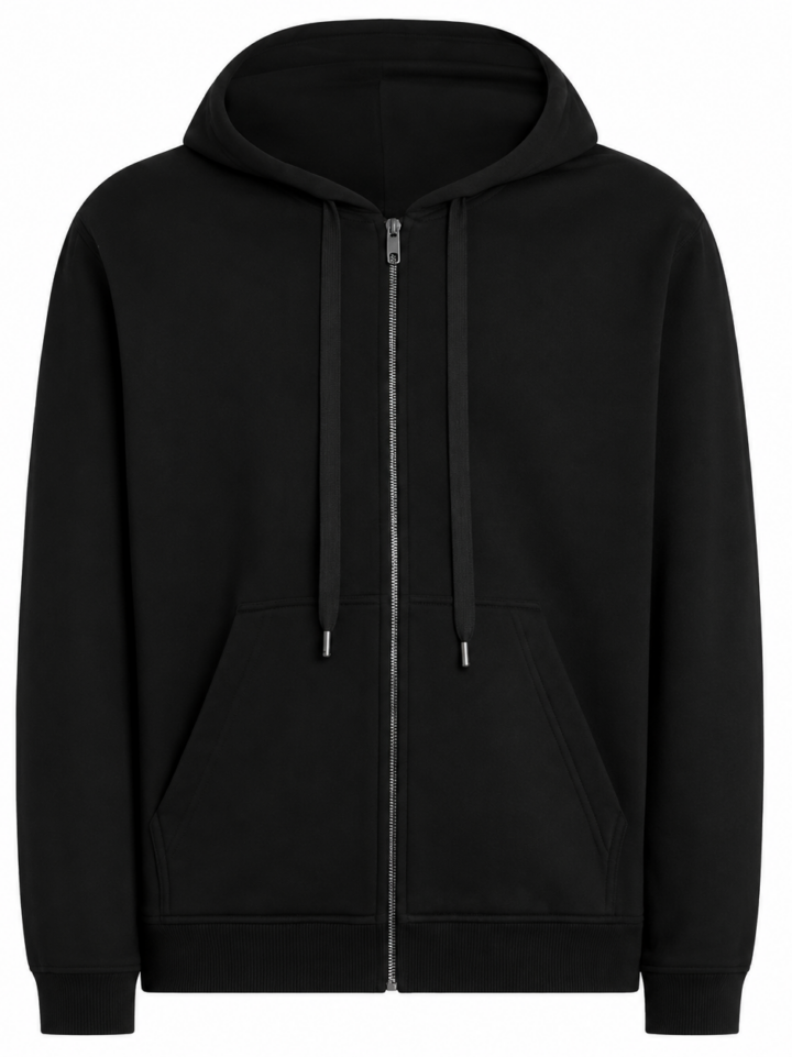 Solid Black Full-Zip Hoodie with Kangaroo Pockets