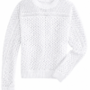 White Open-Knit Crew Neck Long-Sleeve Sweater