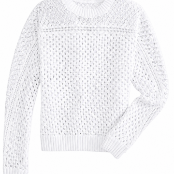 White Open-Knit Crew Neck Long-Sleeve Sweater
