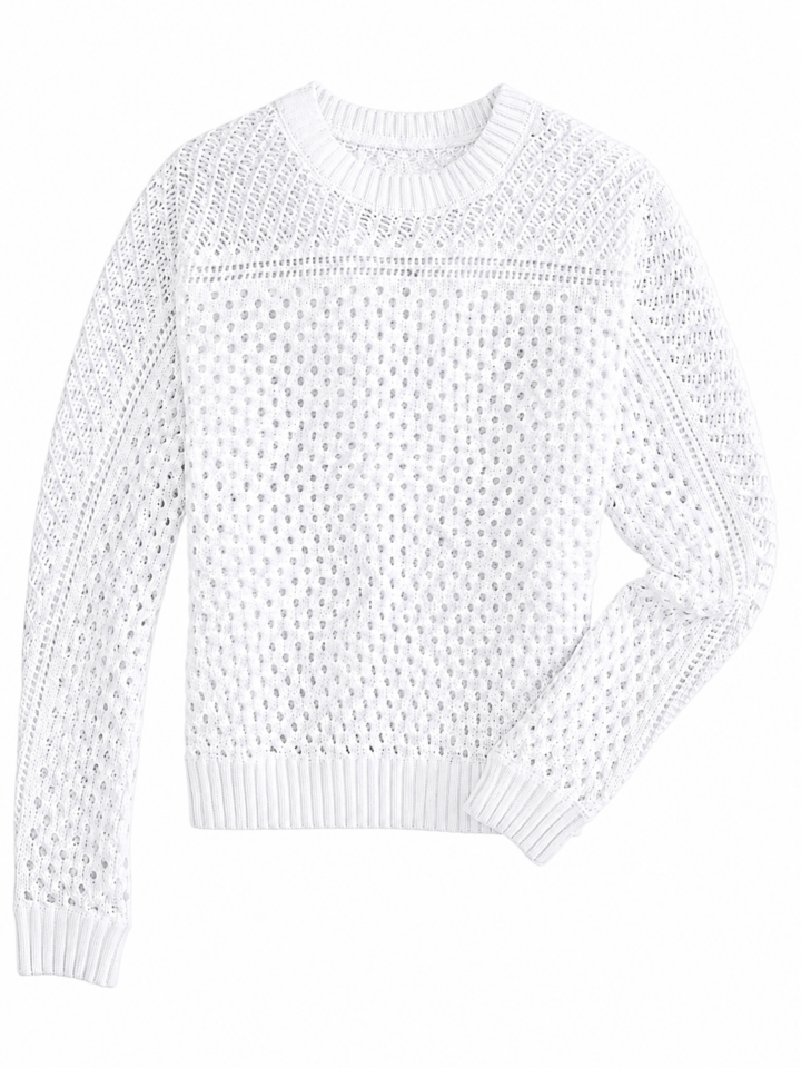 White Open-Knit Crew Neck Long-Sleeve Sweater