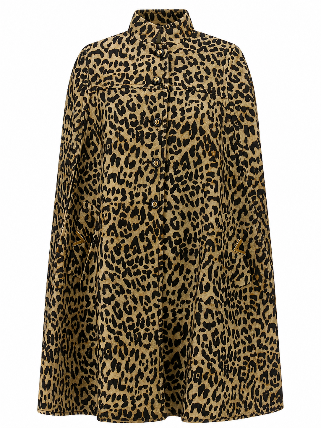 Longline Leopard Print Cape Coat with Button Front and Pointed Collar