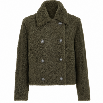 Olive Green Boucle Double-Breasted Cropped Jacket with Silver-Tone Buttons