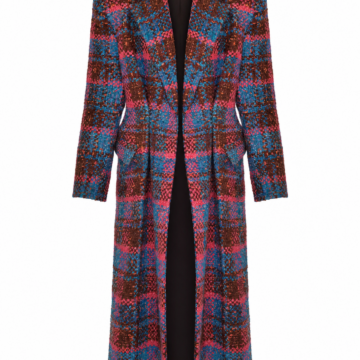 Longline Plaid Coat with Notched Lapels and Pleated Waist