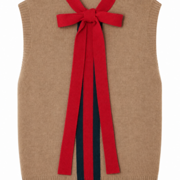 Camel Sleeveless Sweater Vest with Red Bow