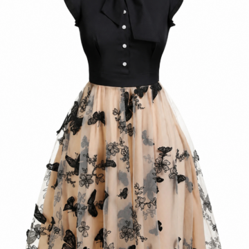 Black and Beige Tulle A-Line Dress with Pussy-Bow and Embroidery