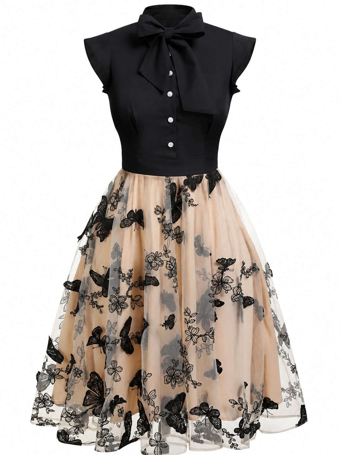 Black and Beige Tulle A-Line Dress with Pussy-Bow and Embroidery