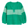 Green Openwork Knit Sweater with Cream Stripes