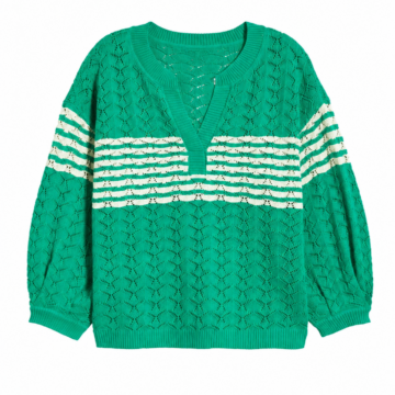 Green Openwork Knit Sweater with Cream Stripes