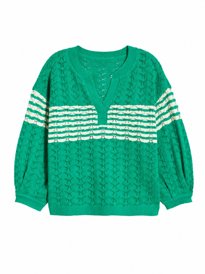 Green Openwork Knit Sweater with Cream Stripes