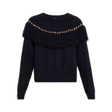 Black Cable Knit Sweater with Fringed Studded Yoke