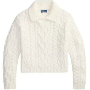 White Cable Knit Polo Collar Cropped Sweater