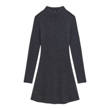 Dark Grey Ribbed Knit Sweater Dress with Mock Neck